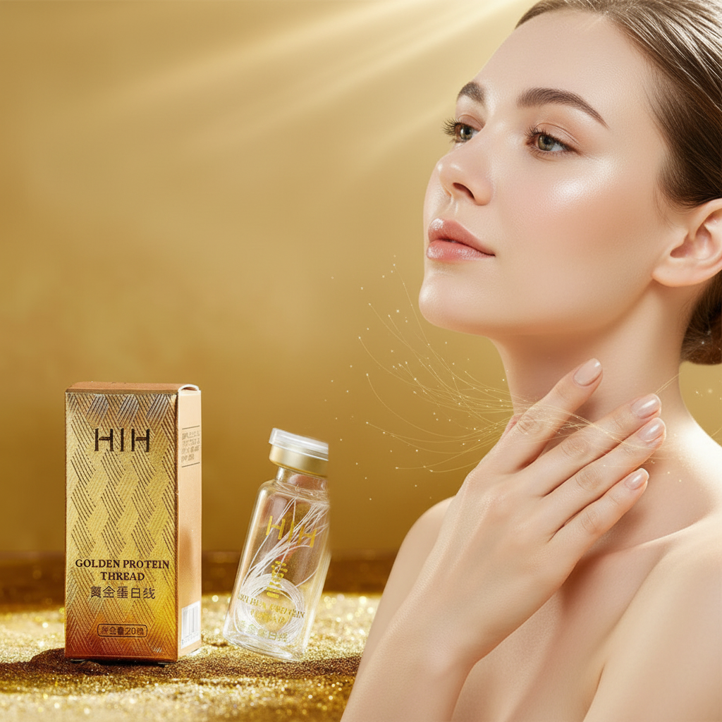 HIH Golden Protein Thread packaging and bottle on a gold background
