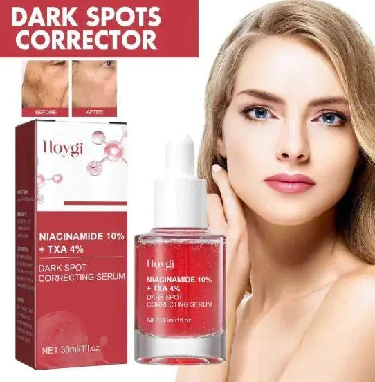 Hoygi dark spot correcting serum with packaging and a model showing before and after effects.