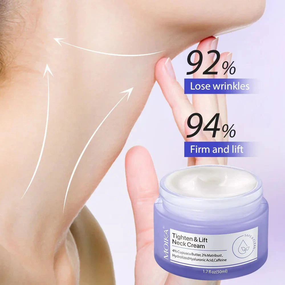 Neck cream jar with skincare benefits displayed on a blurred background