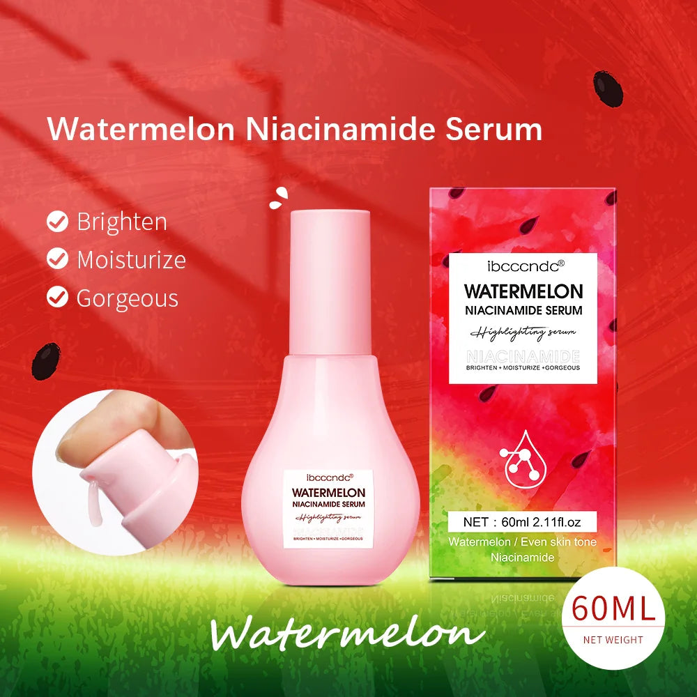 Watermelon Niacinamide Serum with bottle and packaging on a red and green background