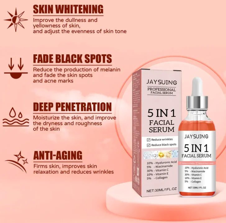 5-in-1 Anti-Aging Brightening Face Serum – HA, Niacinamide & Vitamin C Formula, 30ml