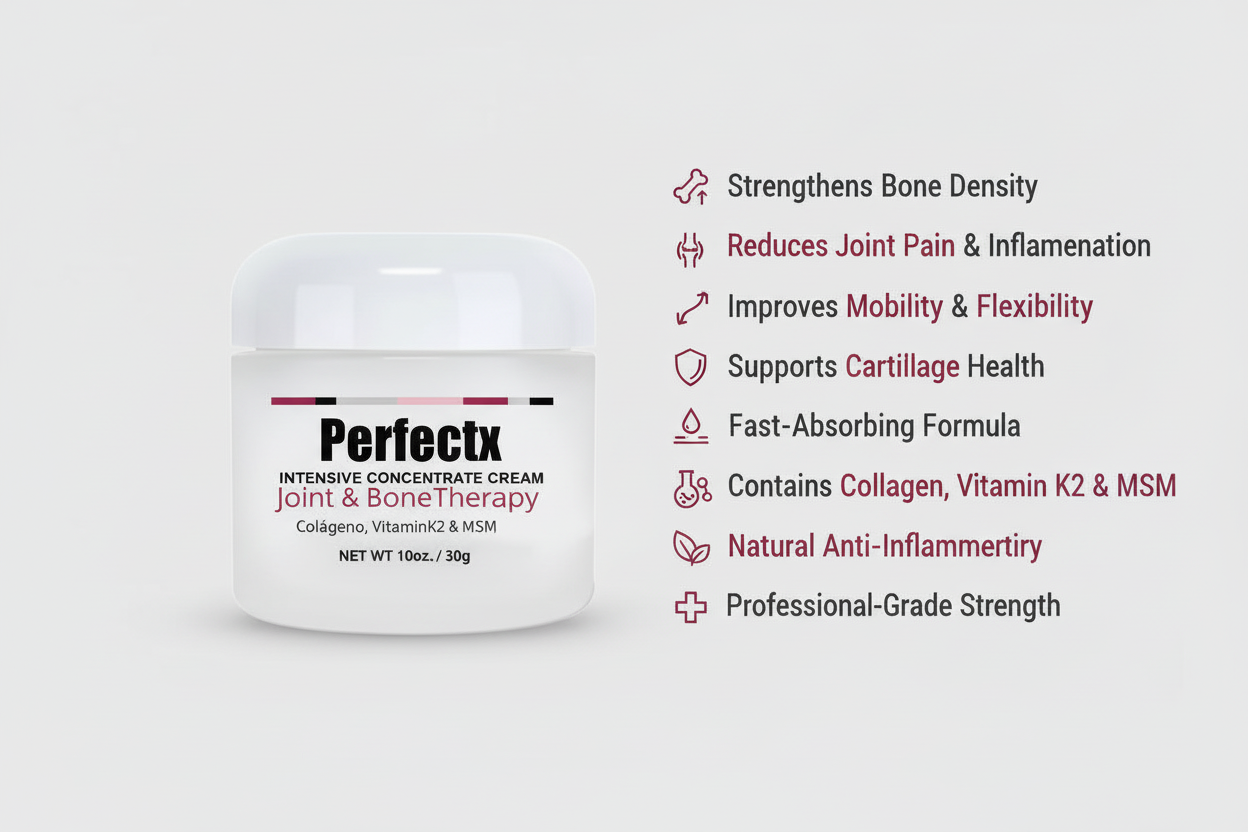 Perfectx Joint & Bone Therapy cream jar with listed benefits on a white background