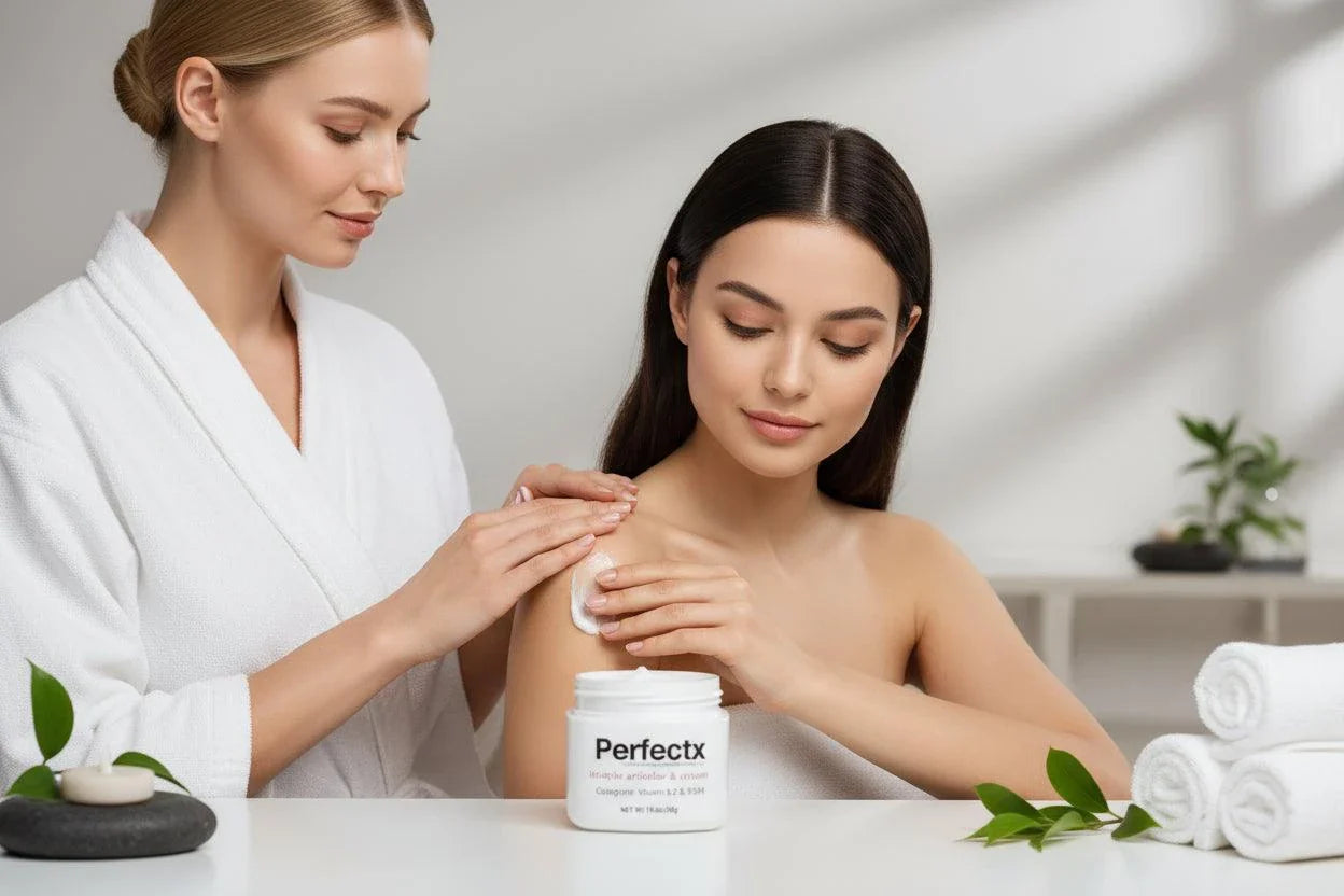Perfectx joint and muscle therapy cream and packaging on a white background