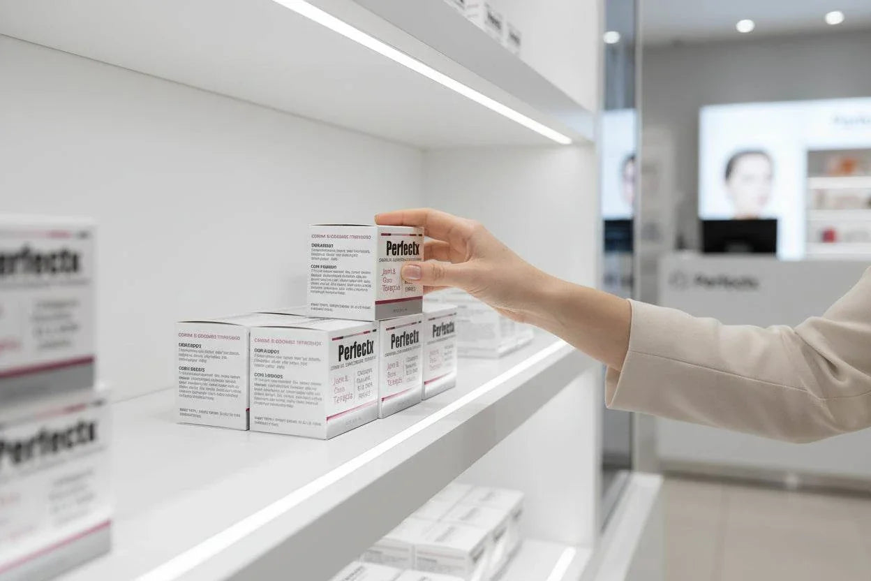 Perfectx joint health supplement packaging on a gray background with text about product benefits.
