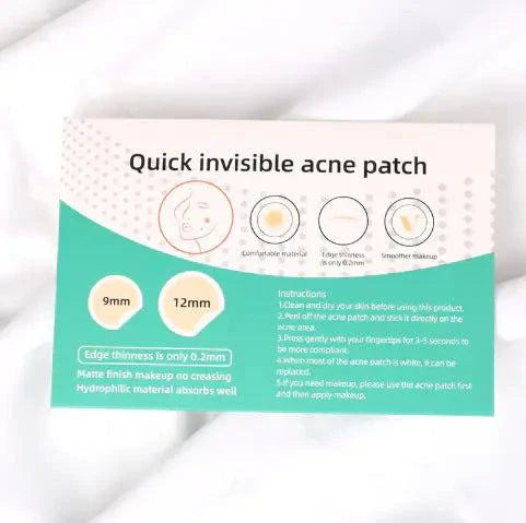 Packaging of quick invisible acne patches with product details on a white background