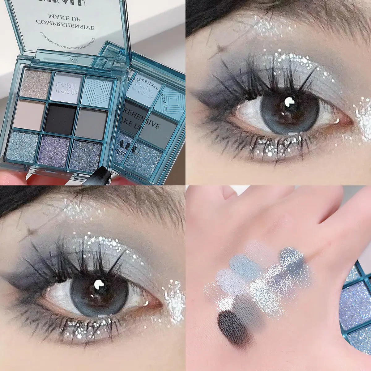 Cool-toned blue and silver 9-color eyeshadow palette — model wearing a smoky-grey eye look with brush applying glitter to the lid