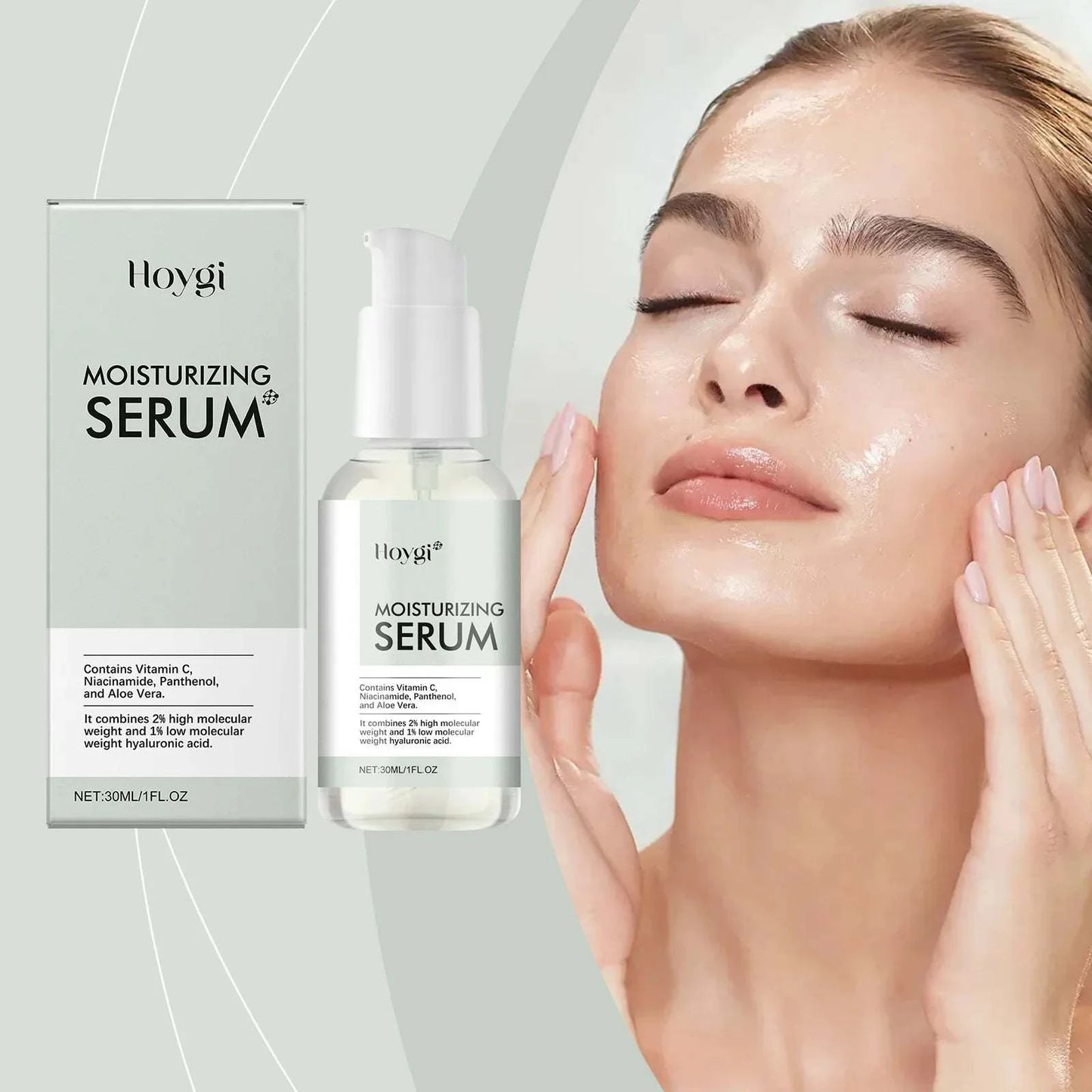 Hloygi moisturizing serum with packaging and a model applying the serum.