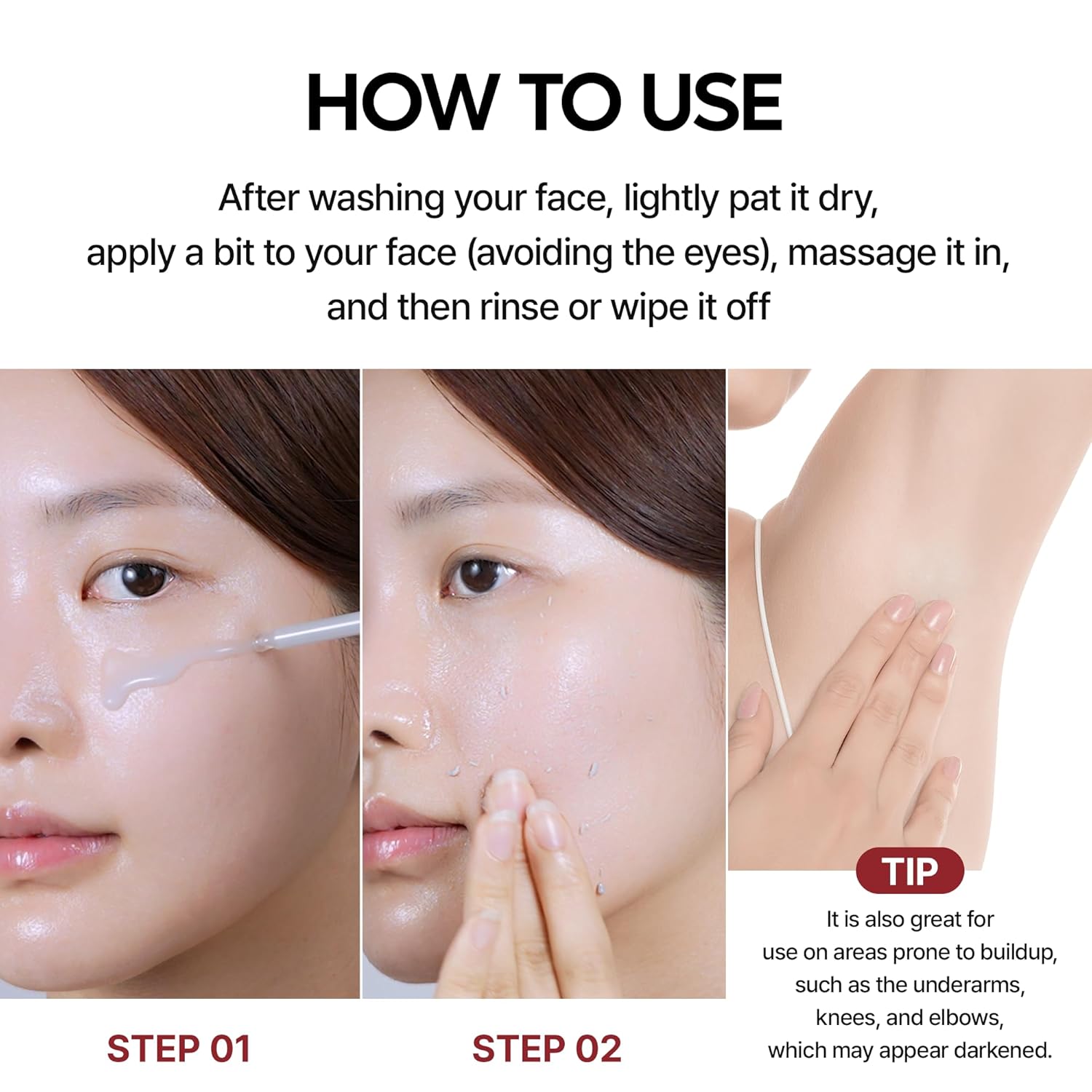Instructions on how to use a skincare product with step-by-step images and text.