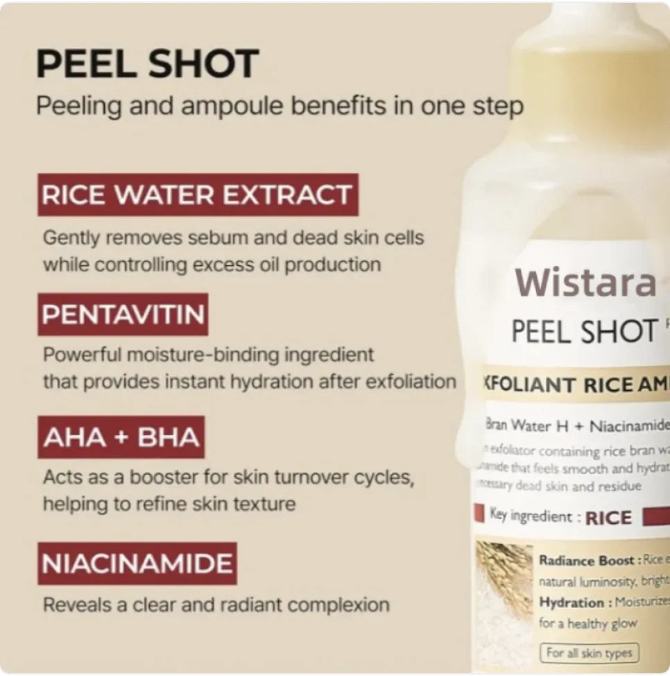 Wistara Peel Shot product with ingredients listed on a beige background