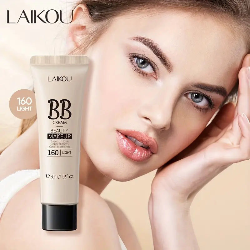 Model wearing LAIKOU BB cream foundation in shade 160 Light with a glowing, natural finish