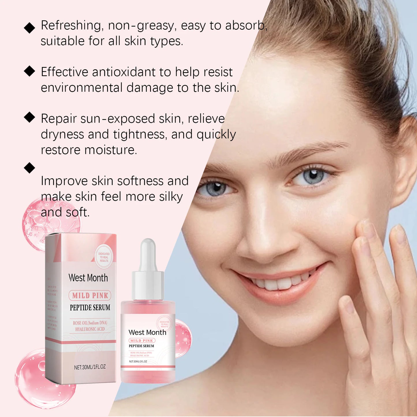 Mild Pink Peptide Face Serum – Rose Oil & Hyaluronic Acid Formula, 50ml