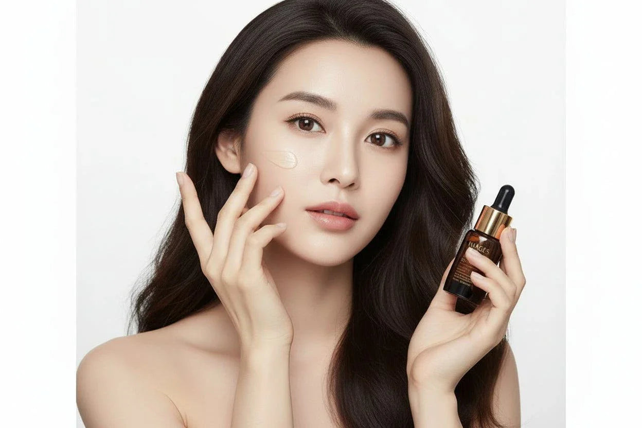 A lady applying the product on her skin in a white background 