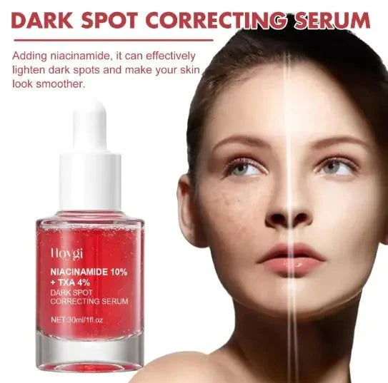 Dark spot correcting serum with a woman's face showing before and after effects.