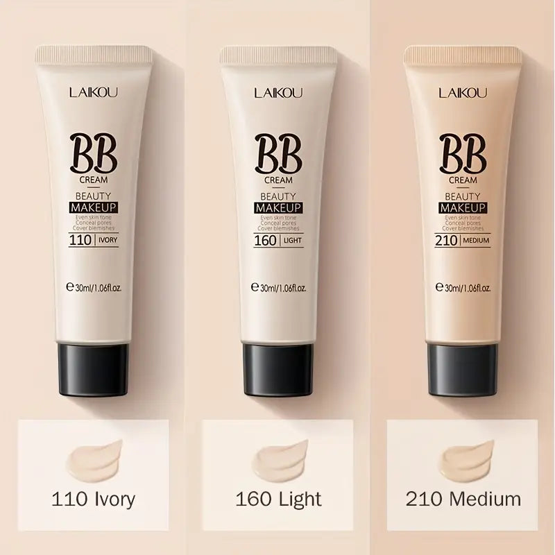 LAIKOU BB cream foundation in shades 110 Ivory, 160 Light, and 210 Medium with matching swatches