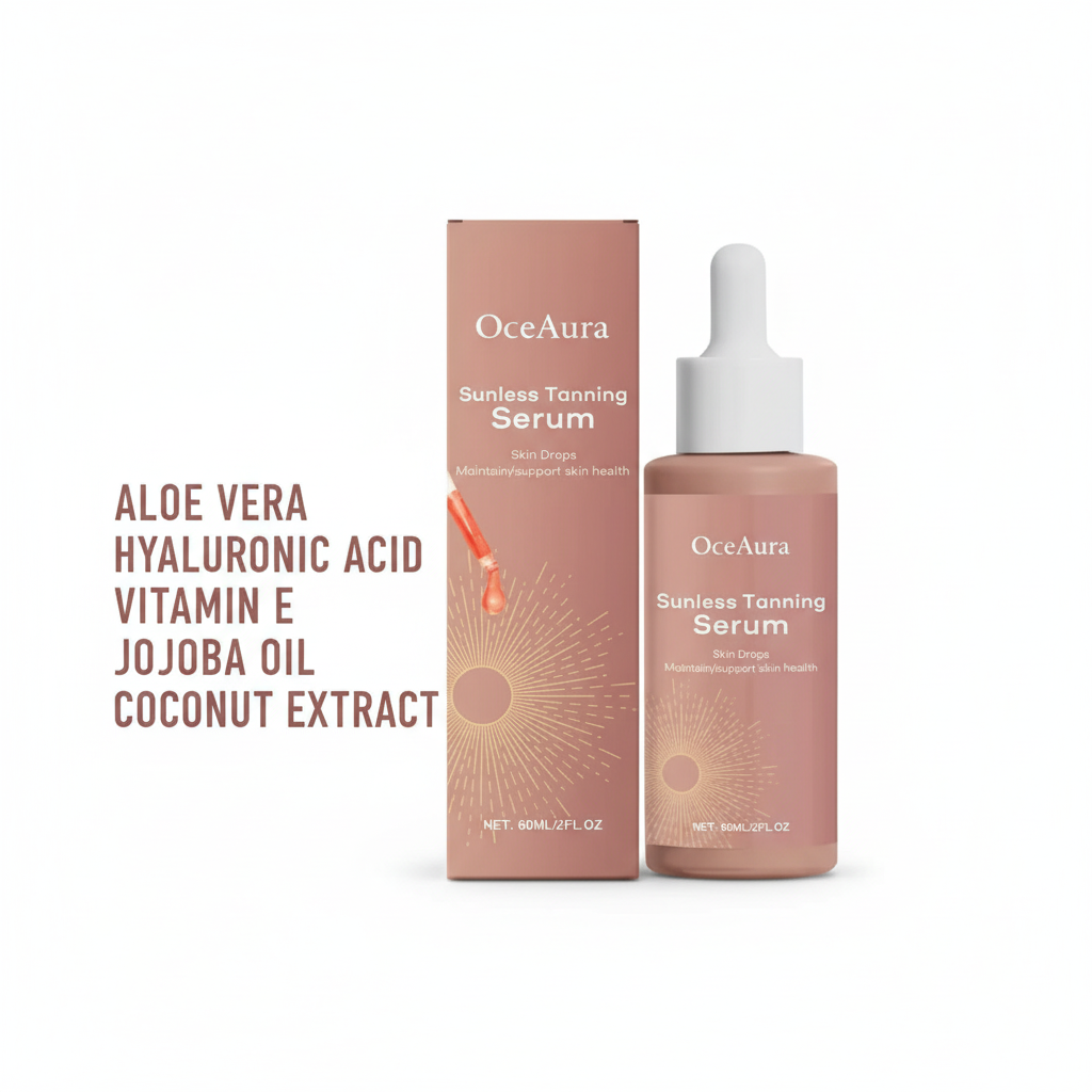 OceAura Sunless Tanning Serum bottle and packaging on a white background along with the ingredient.