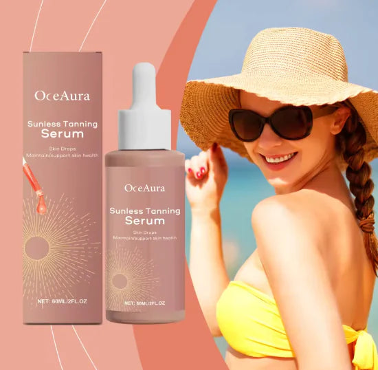 OceAura sunless tanning serum with packaging and a woman in a bikini and hat.