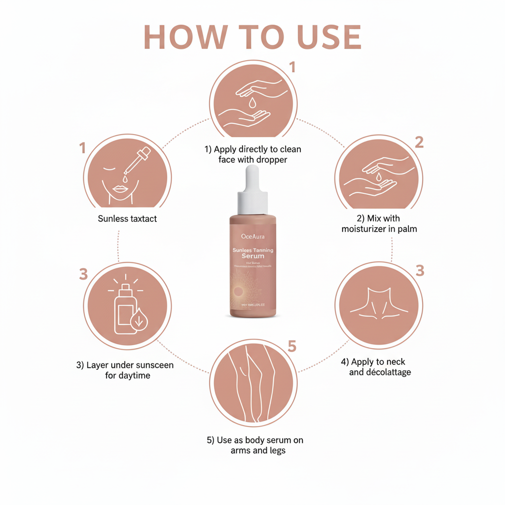 Instructions on how to use a skincare serum with icons and text.