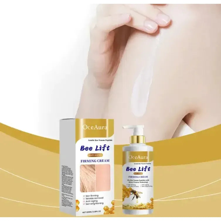 OceAura Bee Lift Firming Cream applied to skin, showcasing its anti-aging benefits with bee venom peptides.