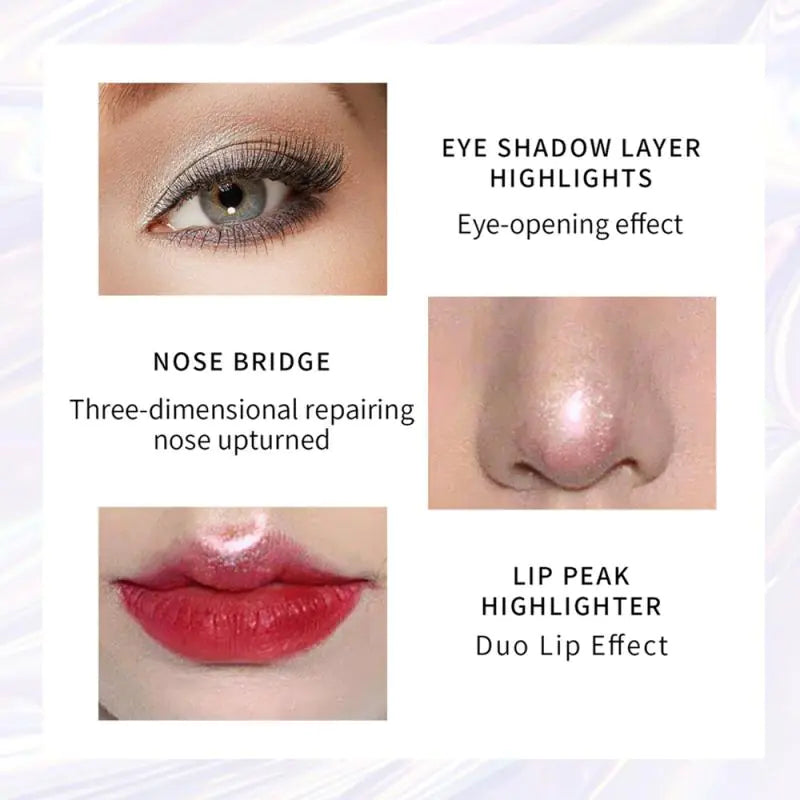 Multi-use shimmer applied to eyelid, nose bridge, and lip peak