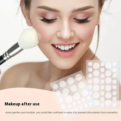 Woman applying makeup with a brush, smiling, and a close-up of acne patches on a white background.