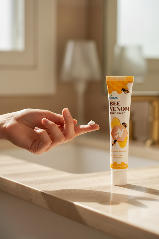Close-up of a hand dispensing a pearl of Bee Venom Even-Tone Skin Cream onto a fingertip in a sunlit bathroom setting