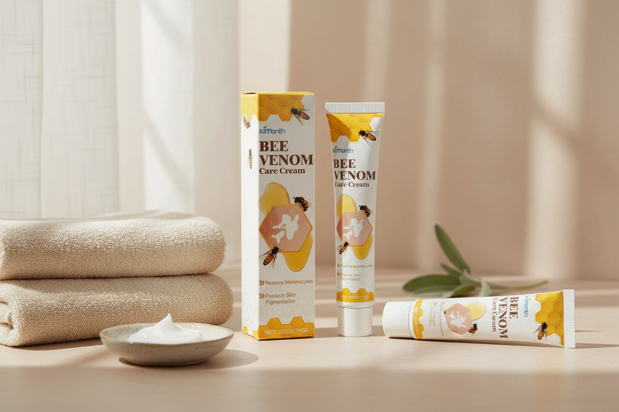 Bee Venom Even-Tone Skin Cream styled with folded cream-colored towels, a small ceramic dish and sage in a warm spa setting