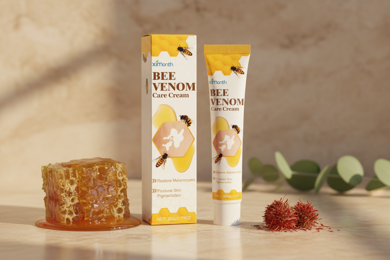 Bee Venom Even-Tone Skin Cream styled with golden honeycomb, dried safflower threads and soft eucalyptus on warm beige marble