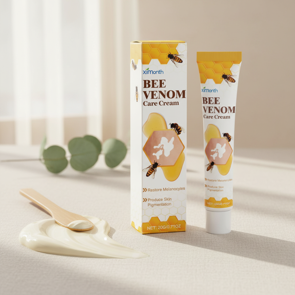 Bee Venom Even-Tone Skin Cream with a swirl of rich ivory cream texture beside the tube and a bamboo spatula on soft linen