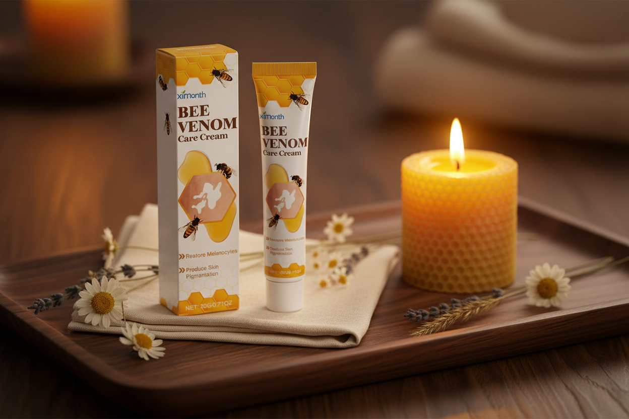 Bee Venom Even-Tone Skin Cream on a walnut wood spa tray with a warm beeswax candle and dried wildflowers