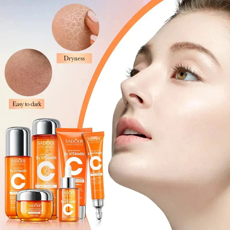 Lifestyle close-up of radiant facial skin with Sadoer vitamin C brightening skincare products.