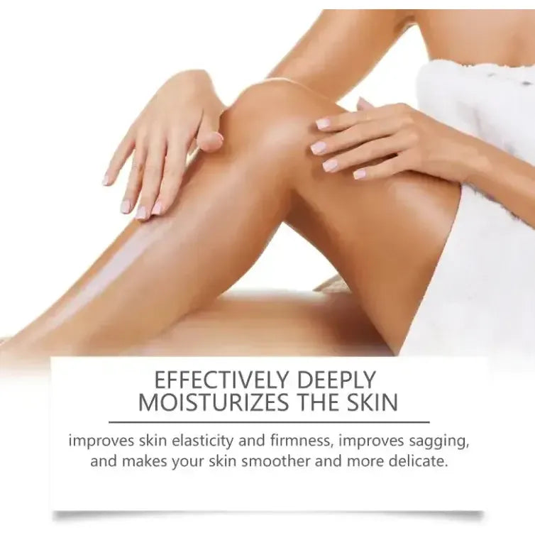 Woman applying moisturizer to smooth, firm, and deeply hydrate skin while reducing sagging and enhancing elasticity.