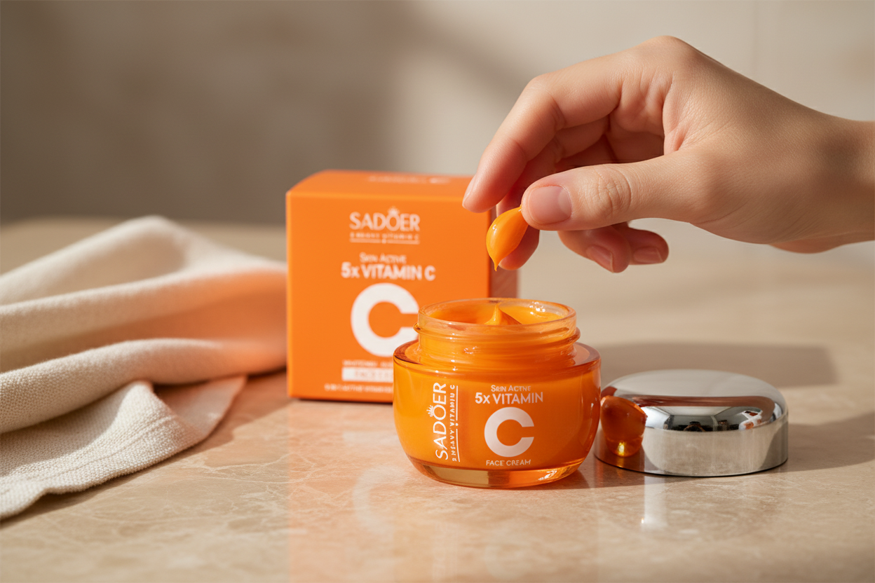 Woman's hand scooping bright orange Sadoer vitamin C face cream from open jar on a beige marble counter.