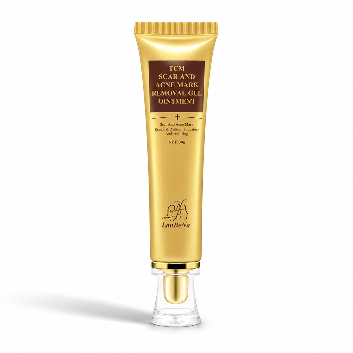 LanBeNa TCM Scar and Acne Mark Removal Gel Ointment 30 g gold tube on a white background