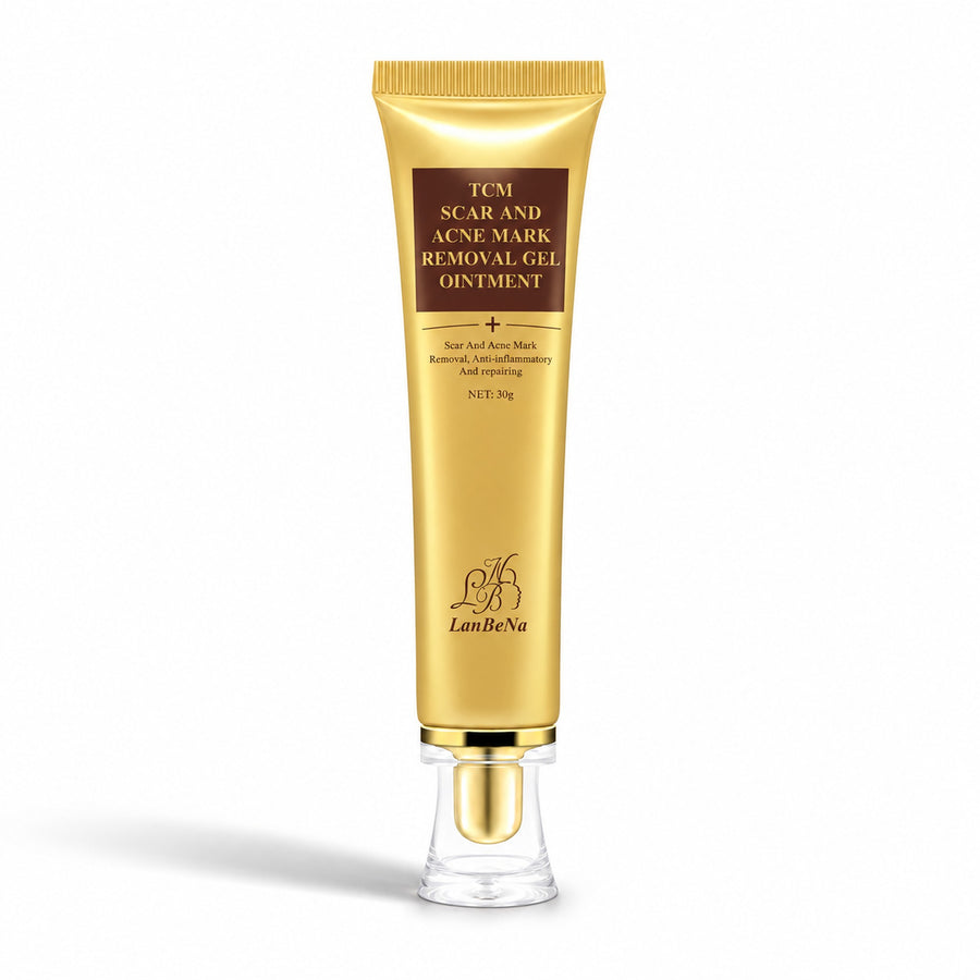 LanBeNa TCM Scar and Acne Mark Removal Gel Ointment 30 g gold tube on a white background