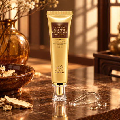 LanBeNa mark care gel tube with a clear gel swatch in a warm amber herbal setting