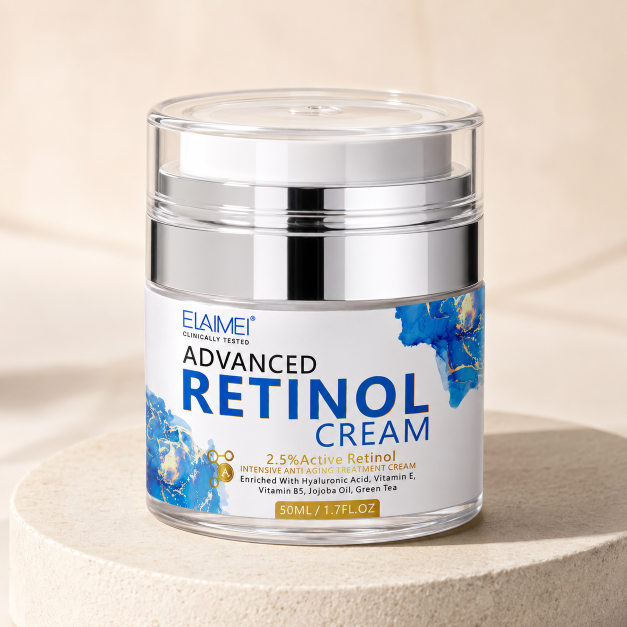 Advanced Retinol Cream jar in a warm premium studio setting