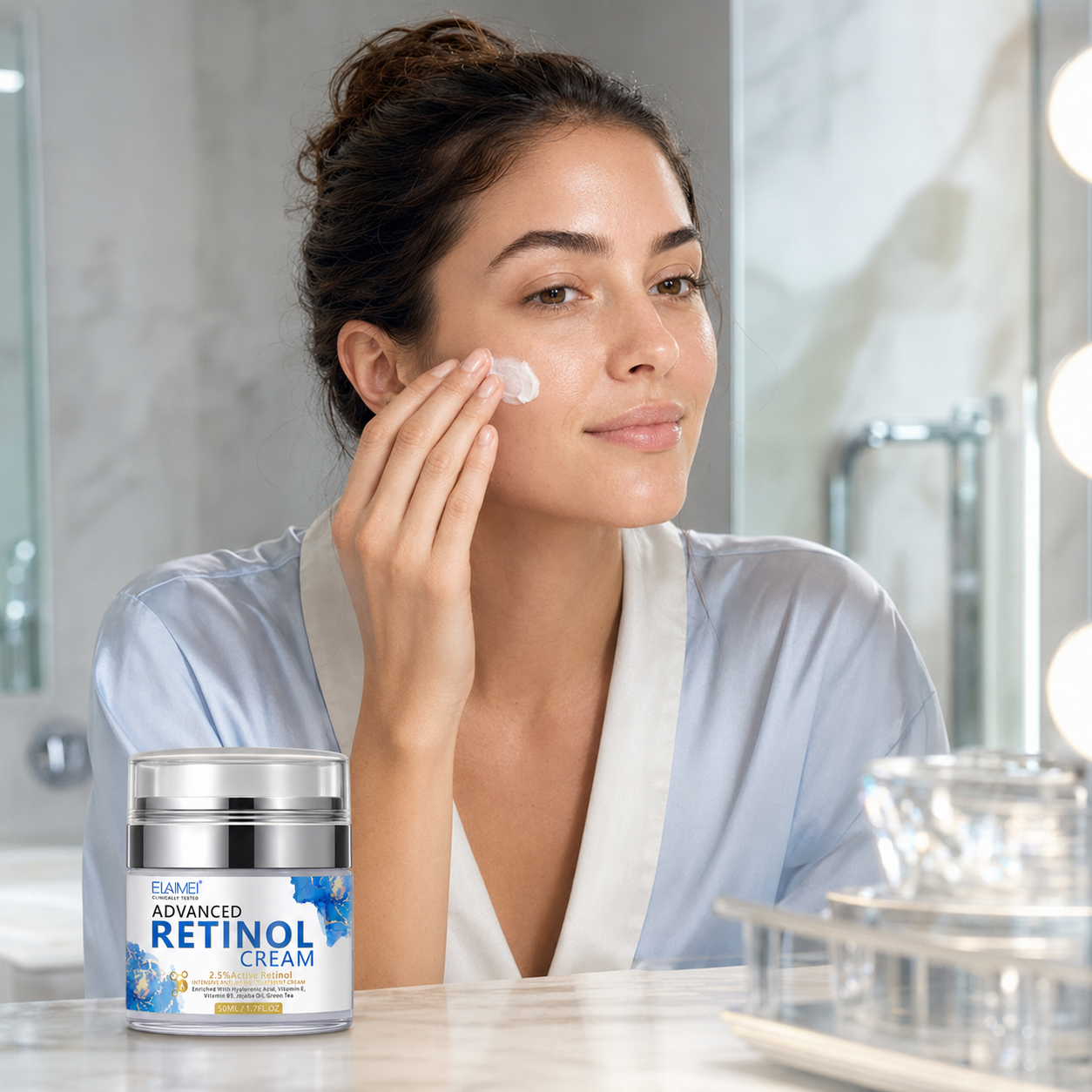 Woman applying Advanced Retinol Cream in a bright evening skincare setting