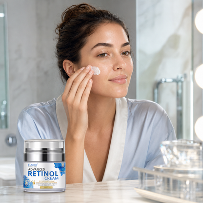 Woman applying Advanced Retinol Cream in a bright evening skincare setting