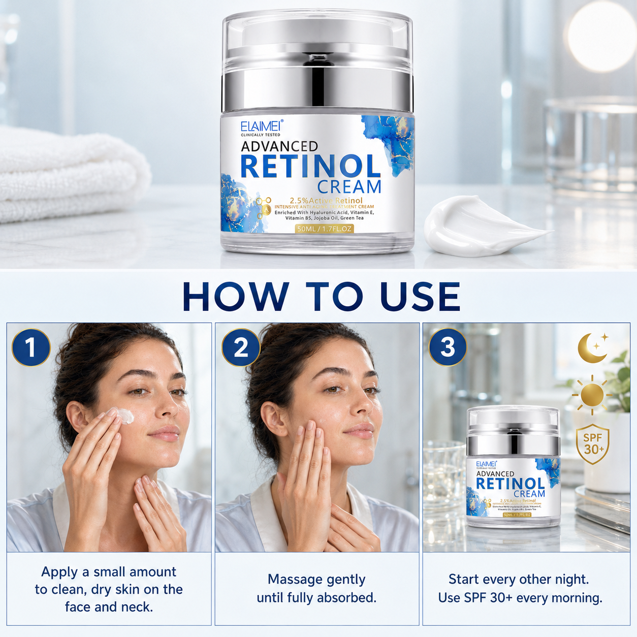 How to use Advanced Retinol Cream in three steps with SPF reminder