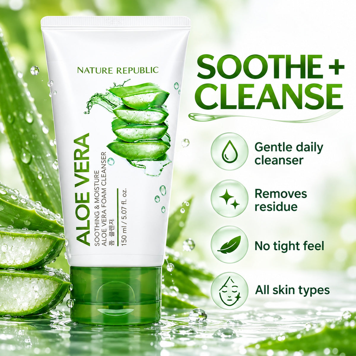 Aloe vera foam cleanser benefits: gentle daily cleanser, removes residue, no tight feel, all skin types