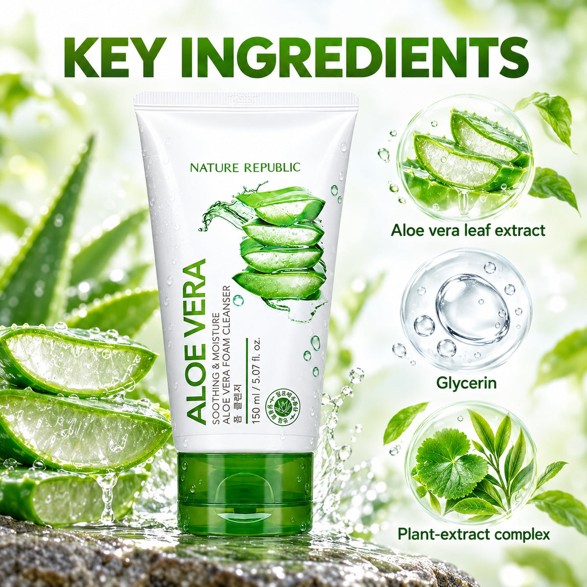 Key ingredients of the aloe vera face wash: aloe vera leaf extract, glycerin and plant-extract complex