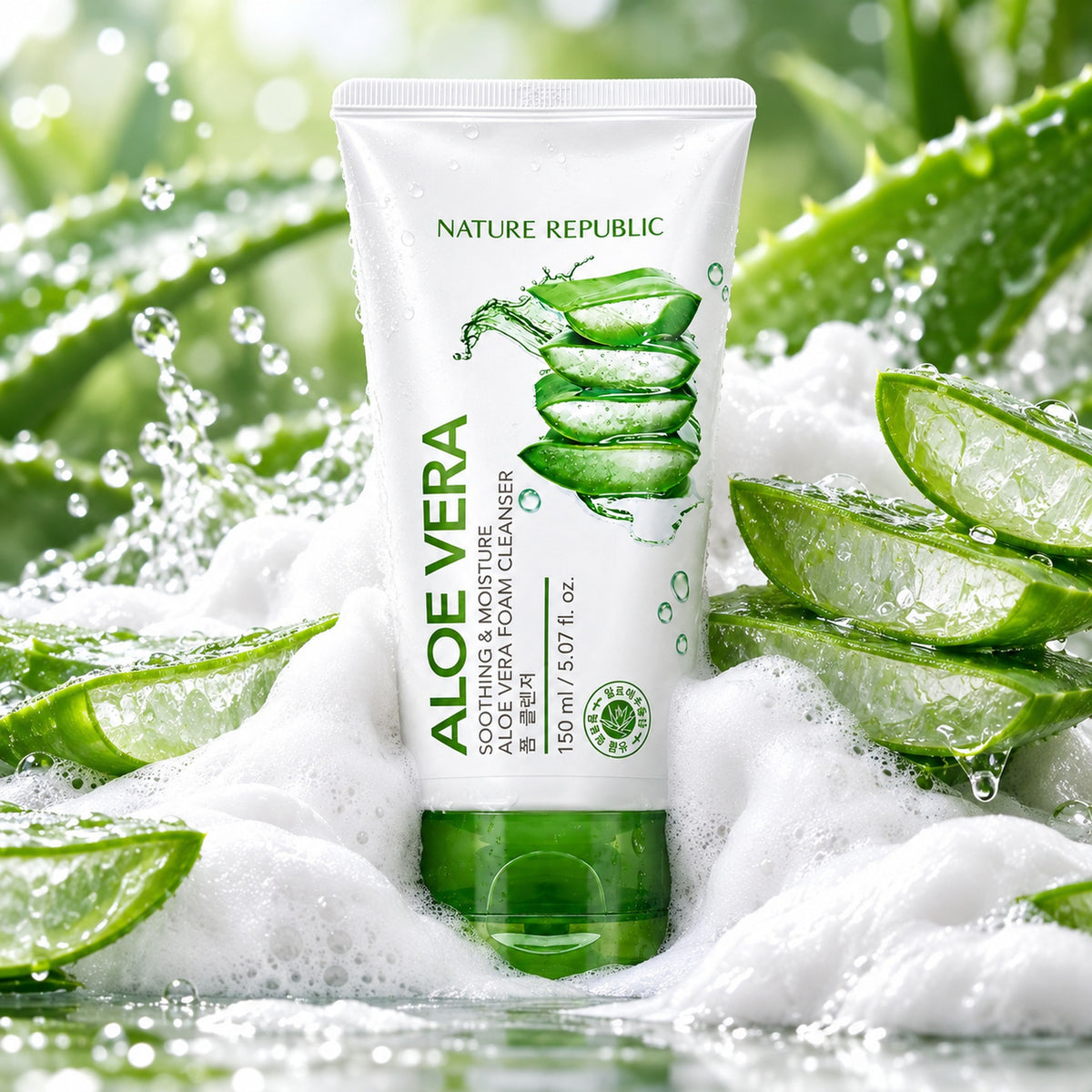 Aloe vera foam cleanser tube in rich white foam lather with fresh aloe leaves