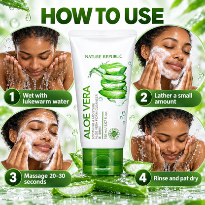 How to use the aloe vera foam cleanser in 4 steps: wet face, lather, massage 20-30 seconds, rinse and pat dry