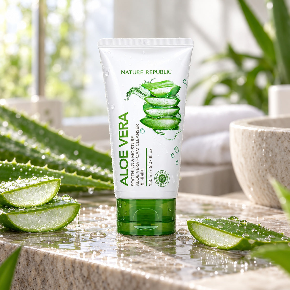 Aloe vera foam cleanser tube on a wet stone bathroom ledge with fresh aloe slices