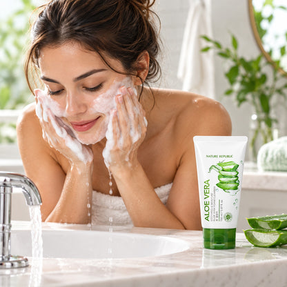 Woman washing her face with aloe vera foam at a bathroom sink, cleanser tube on the counter