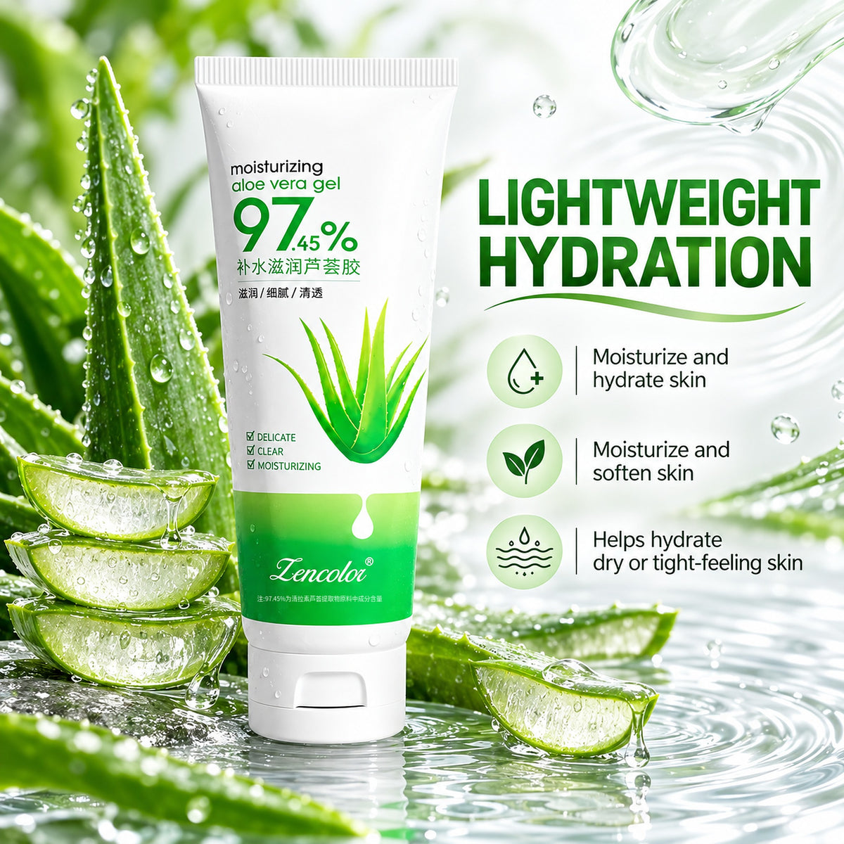 Lightweight hydration aloe gel that moisturizes, softens and hydrates dry skin