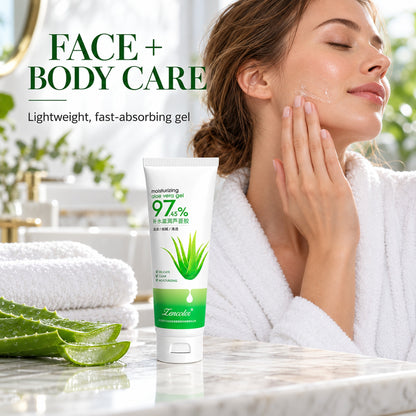 Woman applying lightweight, fast-absorbing aloe vera gel for face and body care