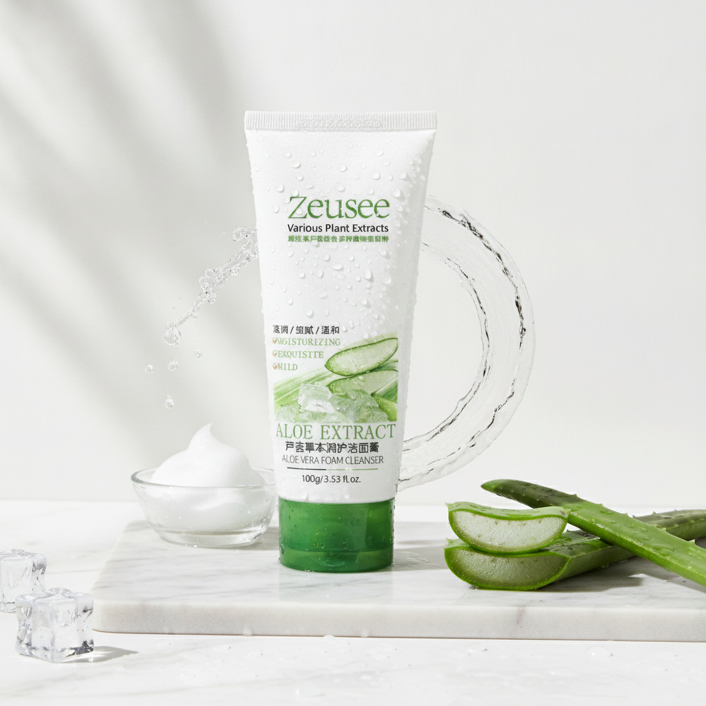 Aloe Vera Foaming Facial Cleanser — styled angle on wet marble with fresh aloe leaves and ice
