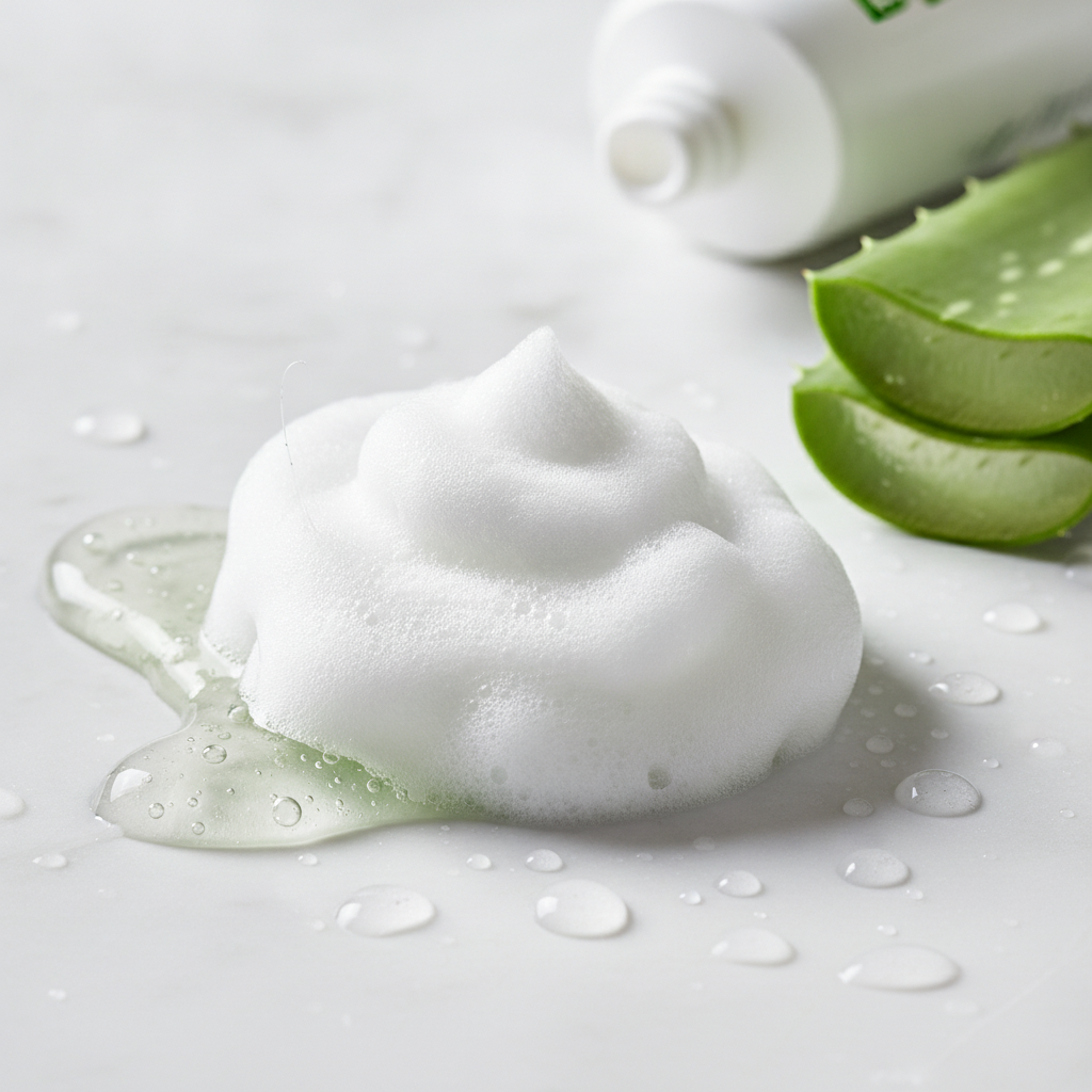 Aloe Vera Foaming Facial Cleanser — macro of the soft cushiony white foam and clear aloe gel