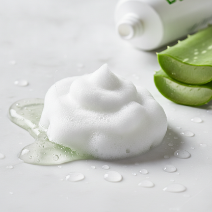 Aloe Vera Foaming Facial Cleanser — macro of the soft cushiony white foam and clear aloe gel